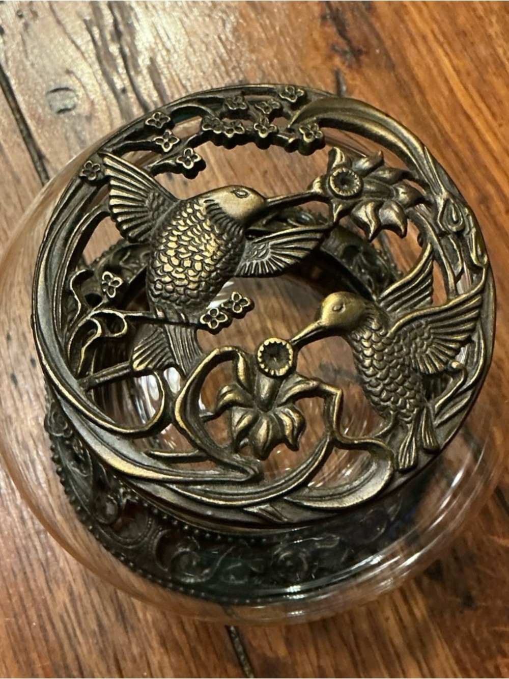 Vintage Hummingbird Glass Potpourri Jar – Ornate Metal Floral Lid & Base
